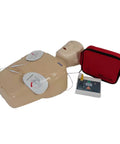 Front view of Practi-Trainer Essentials AED training kit: CPR torso with reusable pads, trainer module, red carrying case