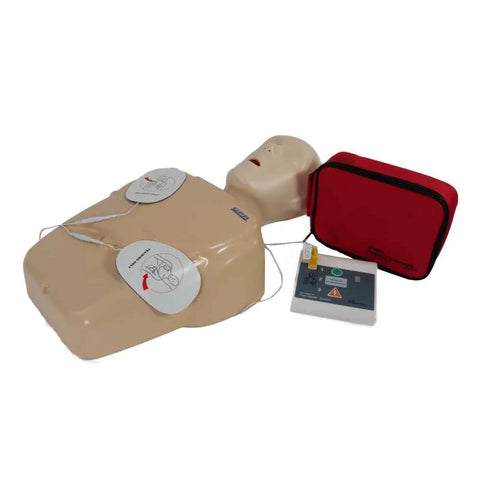 Front view of Practi-Trainer Essentials AED training kit: CPR torso with reusable pads, trainer module, red carrying case