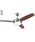 Brushed Nickel Ceiling Fan With Light And Remote, 52 Inch Diameter, wood blades, dimmable LED light, shown with remote control