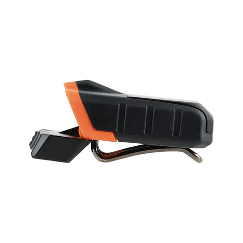 Side view of a black and orange Cap Visor Clip LED Light with Pivoting Head, Battery-Powered 2xAAA for outdoor activities.