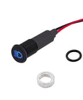Blue LED Indicator Light For Dash Dope High Beam Signal, 12V Automotive Metal Indicator Lamp shown with 8 Inch Wire and mounting components