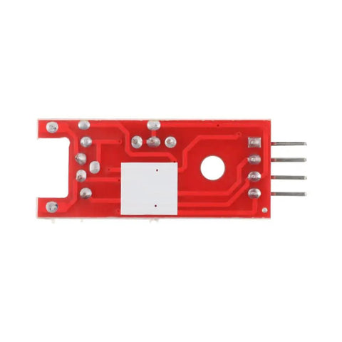 Bottom view of a red linear Hall effect sensor module with analog output and pin connectors for magnetic field detection.