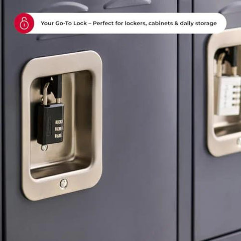 Master Lock black 3-digit combination locker padlock mounted on an indoor gym locker, front view