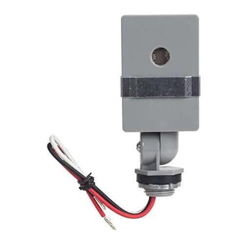 Outdoor 120 Volt Swivel Mount Photocontrol with Light Adjustment Bar for Auto Dusk to Dawn Exterior Lighting, front view of gray unit