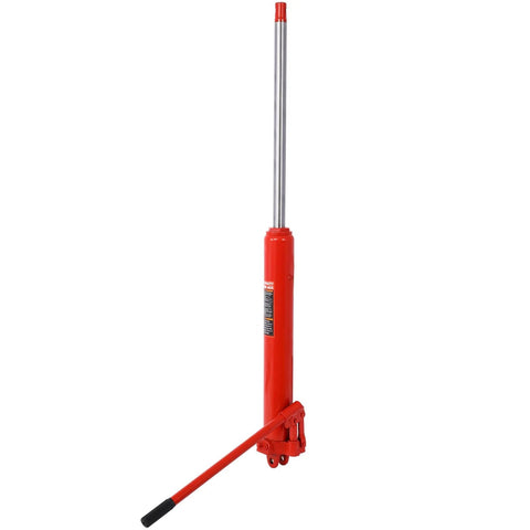 8 Ton hydraulic long ram jack, side view, red body with chrome piston rod and clevis base for engine hoists.