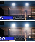 Badass Solar Led Flood Light With Advanced Motion Sensor IP66 Waterproof Outdoor Security Fixture Tough As Nails Die Cast Aluminum Build For Fences And Patios Super Bright Daylight White 80W and 100W comparison in outdoor setting.