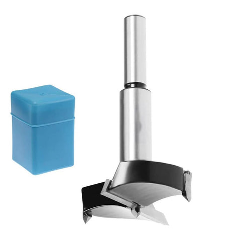 60mm Forstner woodworking hole drill bit with tungsten carbide, shown with blue plastic storage case