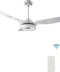 52 Inch Smart Ceiling Fan With Light And Remote Hands Free Voice Control Via App Alexa Google Siri 10 Speed Reversible DC Motor Timers Summer And Winter Modes Ultra Quiet Silver And Transparent Finish, showing fan with remote control and smartphone app.