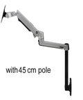 Top Shelf Wall Mount Full Motion Monitor Arm Featuring Heavy Duty Aluminum Housing Super Smooth Spring Swivel For Easy Angle Tweaks Quick Height Boosts And Tidy Cable Runs In Matte Black with 45 cm pole.