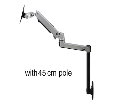 Top Shelf Wall Mount Full Motion Monitor Arm Featuring Heavy Duty Aluminum Housing Super Smooth Spring Swivel For Easy Angle Tweaks Quick Height Boosts And Tidy Cable Runs In Matte Black with 45 cm pole.