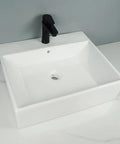 USZWBY Vessel Sinks White Ceramic Balcony Wall-Mounted Sink Modern Simple Square Bathroom Countertop Washbasin with black faucet.
