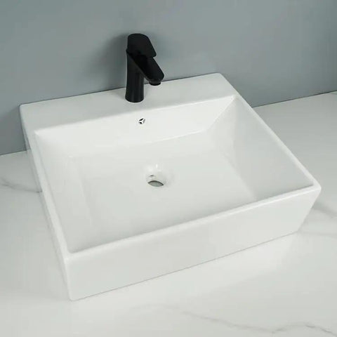 Bathroom Sink White Ceramic Balcony Wall-Mounted Sink Modern Simple Square Sink sleek design with black faucet