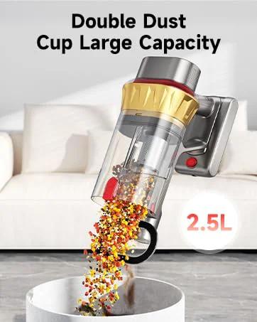 Cordless vacuum cleaner with transparent dust cup and gold-gray body, 2.5L capacity