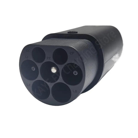 No Sweat Type Two Euro Adapter For Tesla Charging Plug 32 Amp Input 110 To 220 Volt Outlet 7Kw Fast Charge Connector top view of plug
