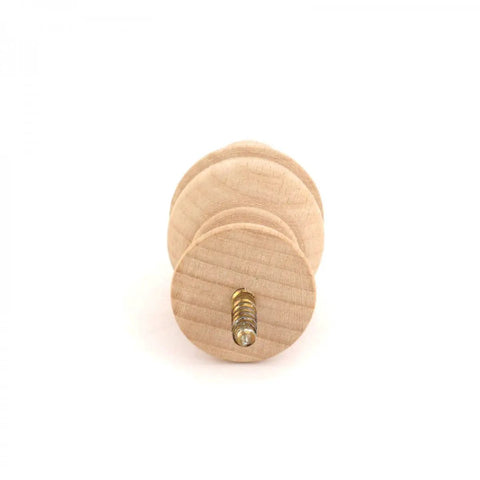 3 5/8 Inch Wall Mount Victorian Maple Wood Door Stopper With Rubber Tip, unfinished bumper showing threaded metal screw end