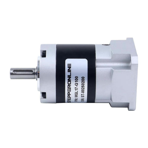 Side view of StepperOnline MGL planetary gearbox with silver housing and black label band