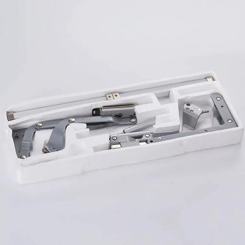 Vertical Lift Pneumatic Cabinet Hinge for Silent Smooth No Squeak Door Action in packaging, fits 500-900mm wide cabinets, easy install