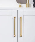 Two Pack 12 Inch Center To Center Brushed Brass Cabinet Pulls installed on white cabinet doors
