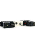 4V230C-08 DC24V 1/4 Inch PT Double Solenoid 5/3 Way Closed Center Pneumatic Valve side view with ports and dark casing