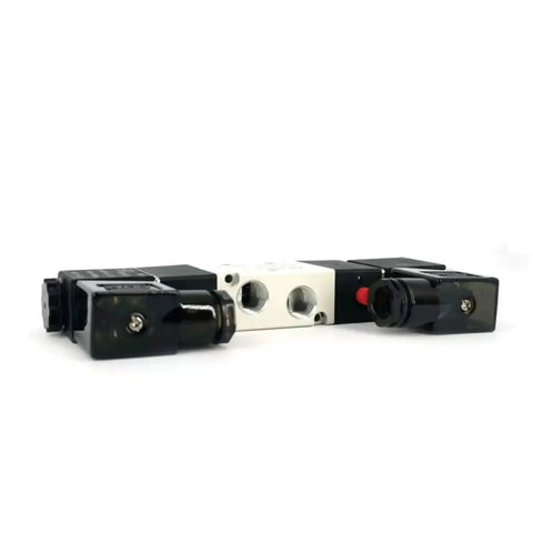 Double Solenoid Pneumatic Valve Five Two Way, 12V DC, One Half Inch PT Thread, Aluminum Alloy Body, side view