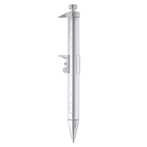 Accuracy Calipers Pen with Double Scale for Easy Measurement, silver metallic pen, measuring scale for precise dimensions.