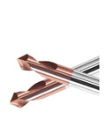 Three carbide spot drill bits with copper tips and silver shafts; 60/90/120-degree center chamfer drill set.