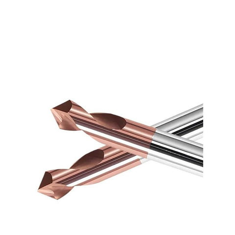 Three carbide spot drill bits with copper tips and silver shafts; 60/90/120-degree center chamfer drill set.