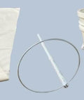 Emergency Safety Shower Tester Kit With Funnel, Handle, And Pail For Industrial And Laboratory Testing And Flushing Includes Vinyl Funnel, PVC Pipes, And Metal Ring, showing folded vinyl funnel, metal ring, and labeled pail.