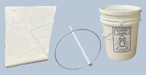 Emergency Safety Shower Tester Kit With Funnel, Handle, And Pail For Industrial And Laboratory Testing And Flushing Includes Vinyl Funnel, PVC Pipes, And Metal Ring, showing folded vinyl funnel, metal ring, and labeled pail.