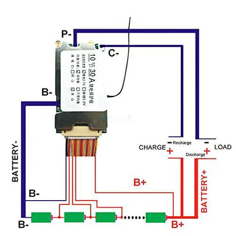 No Sweat 10S 36V 30A Lithium Ion Battery Management Board With Auto Balance Shunts, showing wiring connections for battery use.