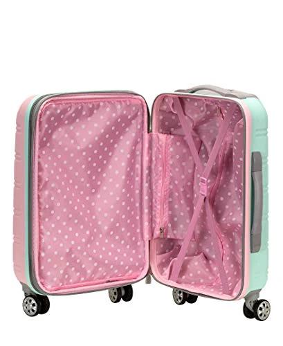 Rockland Melbourne mint hardside 20-inch carry-on luggage, expandable spinner, opened to reveal pink polka-dot interior