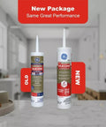 Waterproof Kitchen And Bathroom Silicone Caulk White 10 Oz 1 Pack Strong Adhesion, old and new packaging on counter