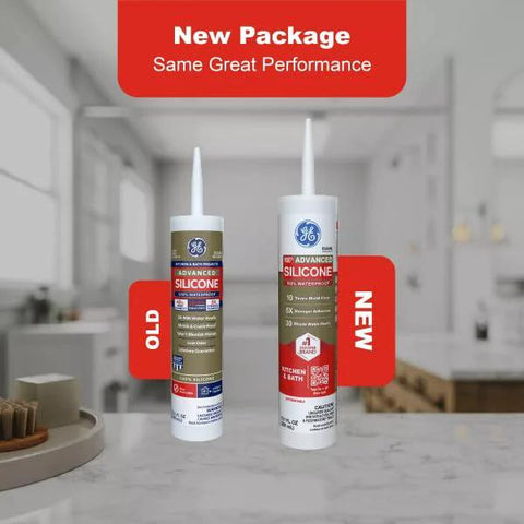 Waterproof Kitchen And Bathroom Silicone Caulk White 10 Oz 1 Pack Strong Adhesion, old and new packaging on counter
