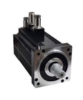 Front view of servo motor with black housing, silver shaft and mounting flange, integrated brake