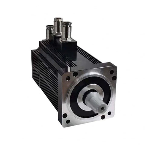 Front view of servo motor with black housing, silver shaft and mounting flange, integrated brake