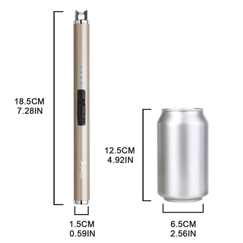 Electric Lighter Type C Rechargeable With LED Battery Display and safety switch next to a can for size comparison