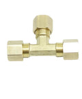 Brass compression T-fitting with three 1/4 inch tube OD ports, union tee connector, front view