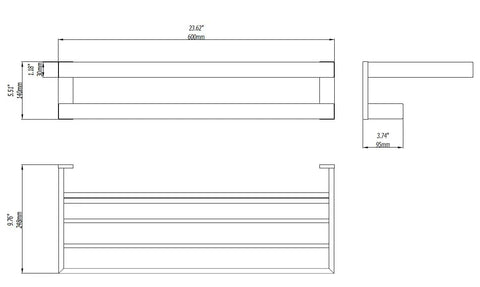 Technical drawing of a two tier wall mounted towel rack for bathroom, 24 inch matte black towel shelf with bar, no assembly needed.