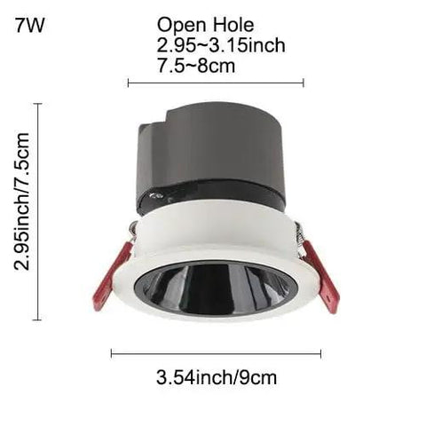 LED Recessed COB Spotlight in black and white, dimensions 3.54 inches, designed for 7W power, ideal for recessed lighting.