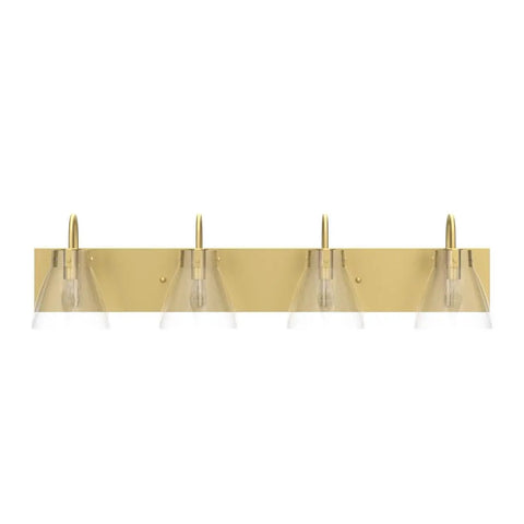 Gold Vanity Light Fixture With Clear Glass Shades, Four Light Over Mirror Bathroom Lighting, Large Modern 29.5 Inch Bath Vanity Bar, Dope Luxe Gold Finish, straight front view