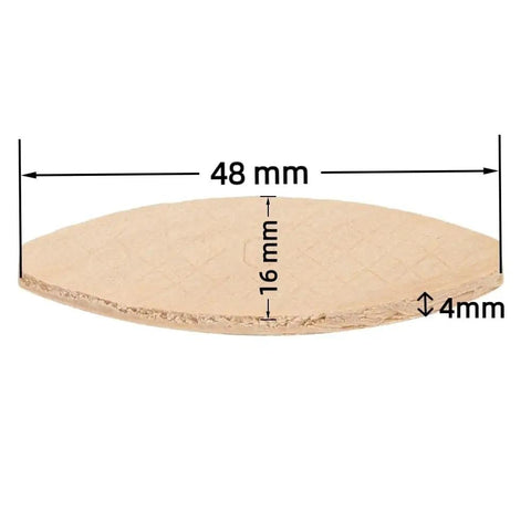 100 Piece Beech Wood Joinery Biscuits Size 0 For Plate Joiner Tool, side view with dimensions 48x16x4mm, solid beech wood.