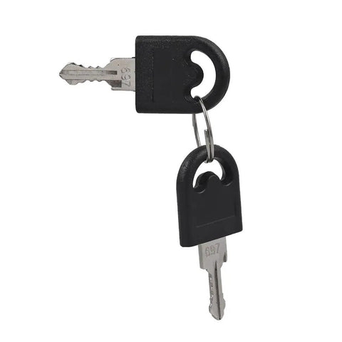 Two black keys on a keyring compatible with Rock Solid Heavy Duty Latch Kit for securing doors and cabinets.