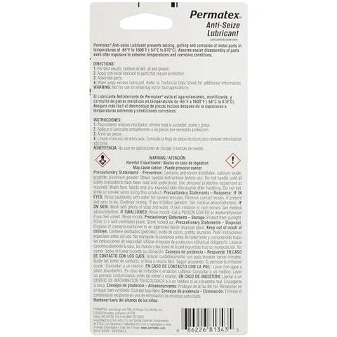 Back view of Permatex anti-seize lubricant 1 oz tube packaging with warning text