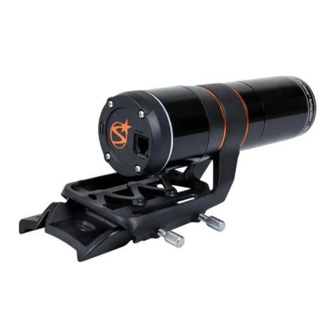 StarSense Autoguider For Computerized Telescopes With 3 Minute Auto Alignment, black metal cylinder with orange accents