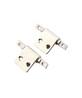 Front view of two carbon steel torque hinge fittings with mounting tabs and holes.