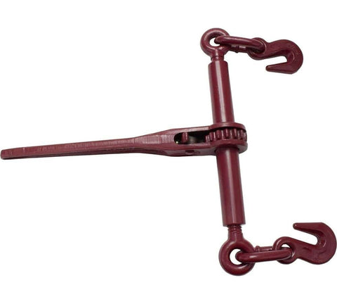 Red ratchet binder with grab hooks for Heavy Duty Grade 70 Chain And Binder Kit With Four Five Sixteenth Inch Twelve Foot G70 Transport Chains