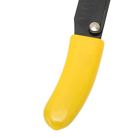 Close-up of No Fuss Wire Strippers With A Comfort Rubberized Handle showing a yellow rubber grip for easy handling.