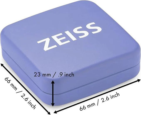 ZEISS lens cleaning accessory tin box with hinged lid, blue metal container, 66 mm x 66 mm x 23 mm
