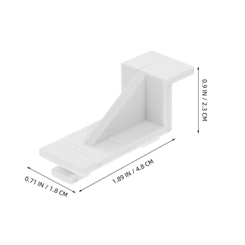 Close-up of a white plastic shelf clip with dimensions, part of the White Plastic Fridge Shelf Clips Set Of 10 For Freezers And Refrigerators.