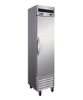 Solid As A Rock Reach In Single Door Commercial Freezer With Heavy Duty Epoxy Shelving And Smooth Automatic Self Closing Doors.